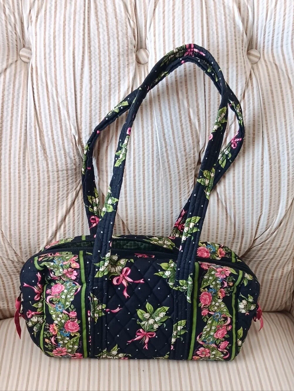 Quilted Floral Mini Tote Bag in Black and Pink